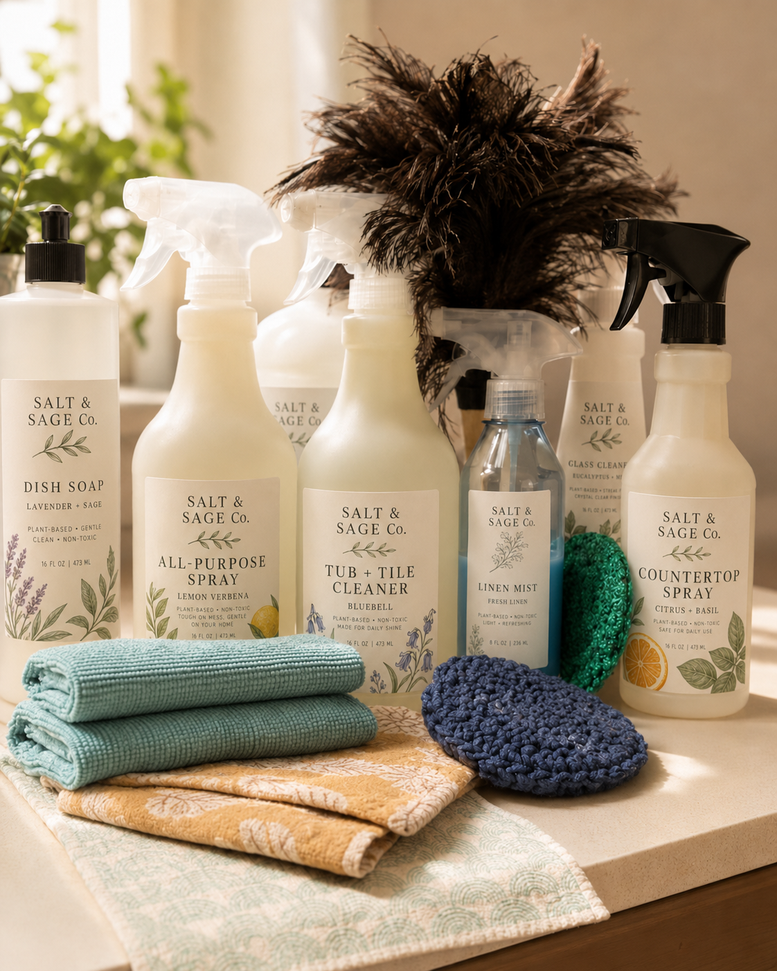 Salt and Sage natural cleaning product collection on a warm countertop