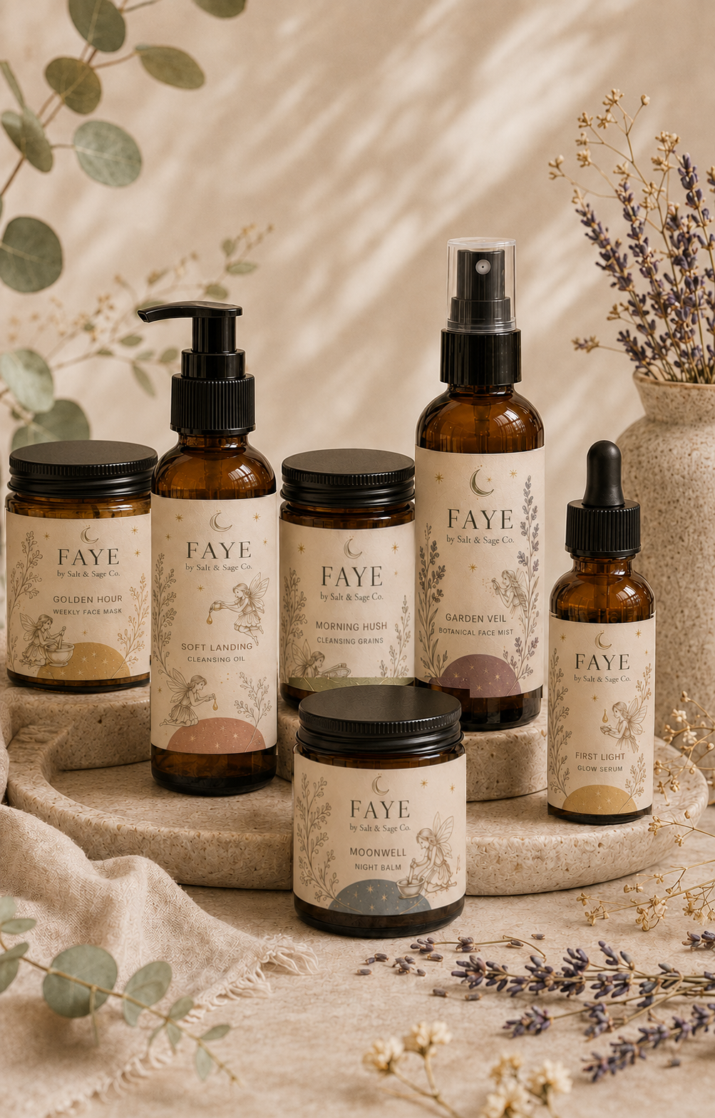 FAYE by Salt and Sage Co. six-piece botanical skincare collection in amber glass